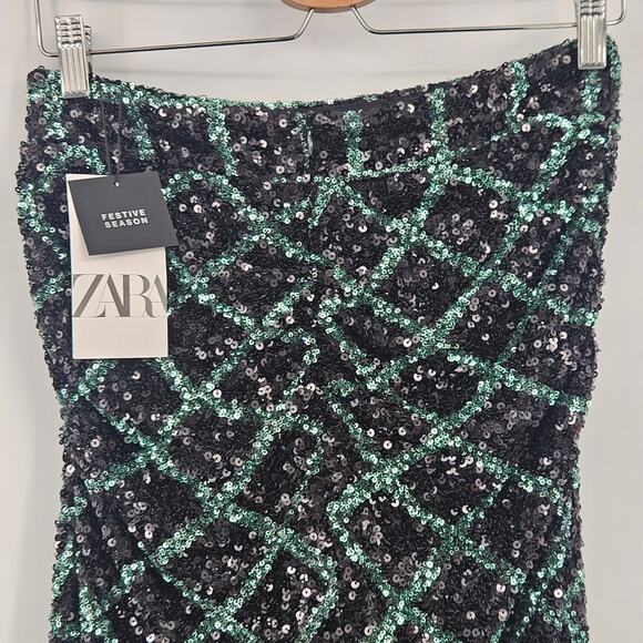 Zara Black Sequin midi skirt holiday gala Christmas formal slit - Picture 6 of 12